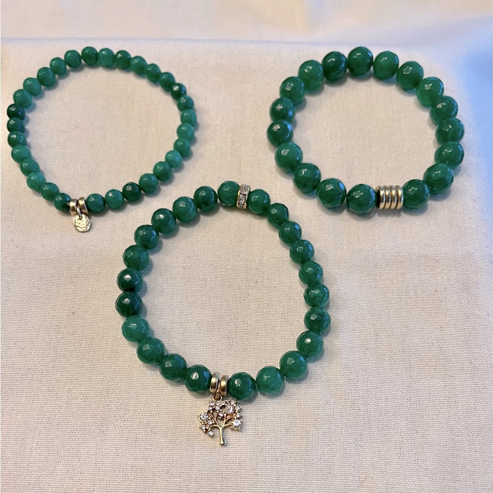 Set of 3 Jade Bracelets with Gold “Tree of Life” Charm - Picture 2 of 16